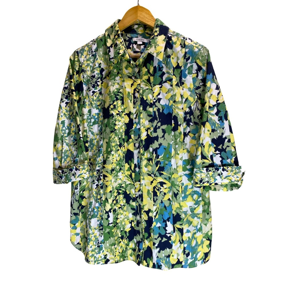Chicos No Iron Abstract Floral Button Down Shirt Green Yellow Blue Size 2 Large